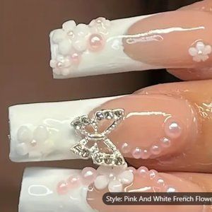 24 Pcs Glossy Long Coffin Press On Nails Pink And White French Style False Nails